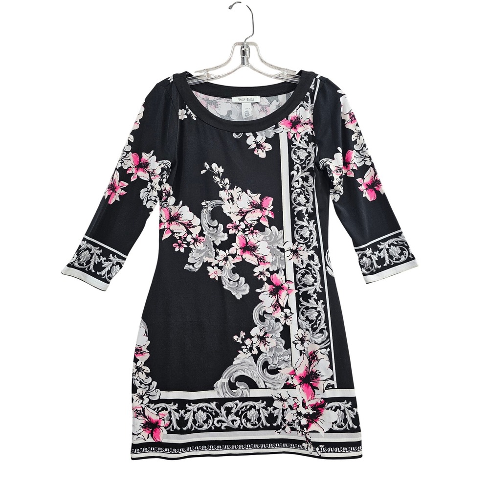 White House Black Market Floral Baroque Dress Womens XS Black Pink Knit Mini euc
